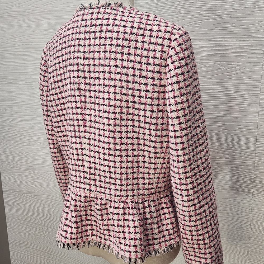 Kate Spade New York Pink Cropped Tweed Peplum Jacket Size 8 Fringe Bold Buttons - Picture 13 of 15